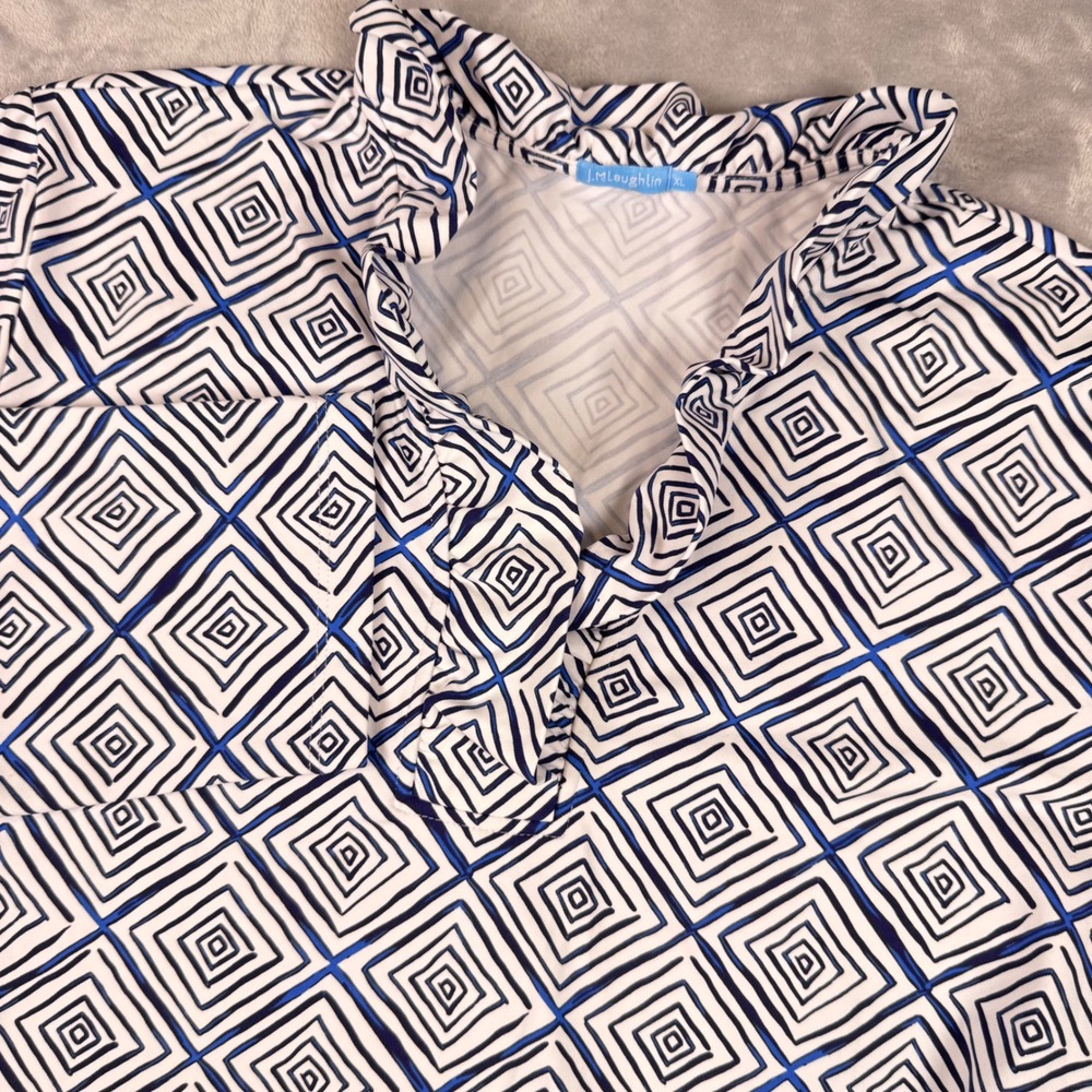J.McLaughlin Catalina Cloth Blue White Geometric Ruffle Neck 3/4 Sleeve Top XL
